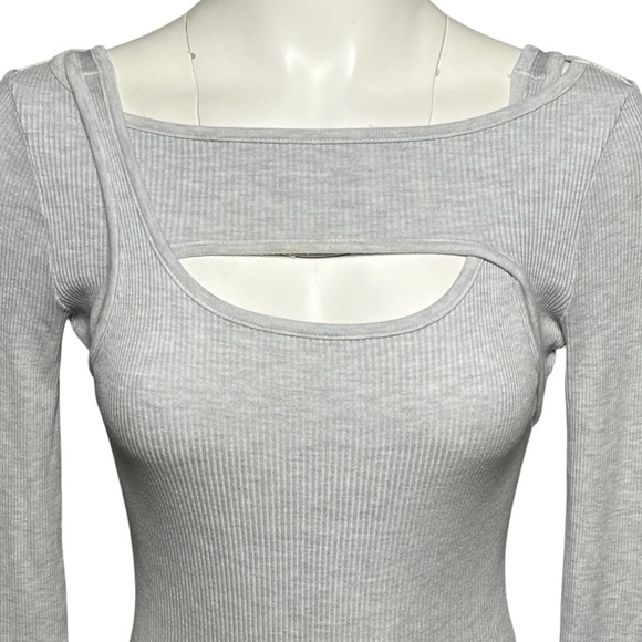 Citizens of Humanity Dasha Bodysuit Gray Rib Knit Cut Out Long Sleeve Size Small - Picture 2 of 11
